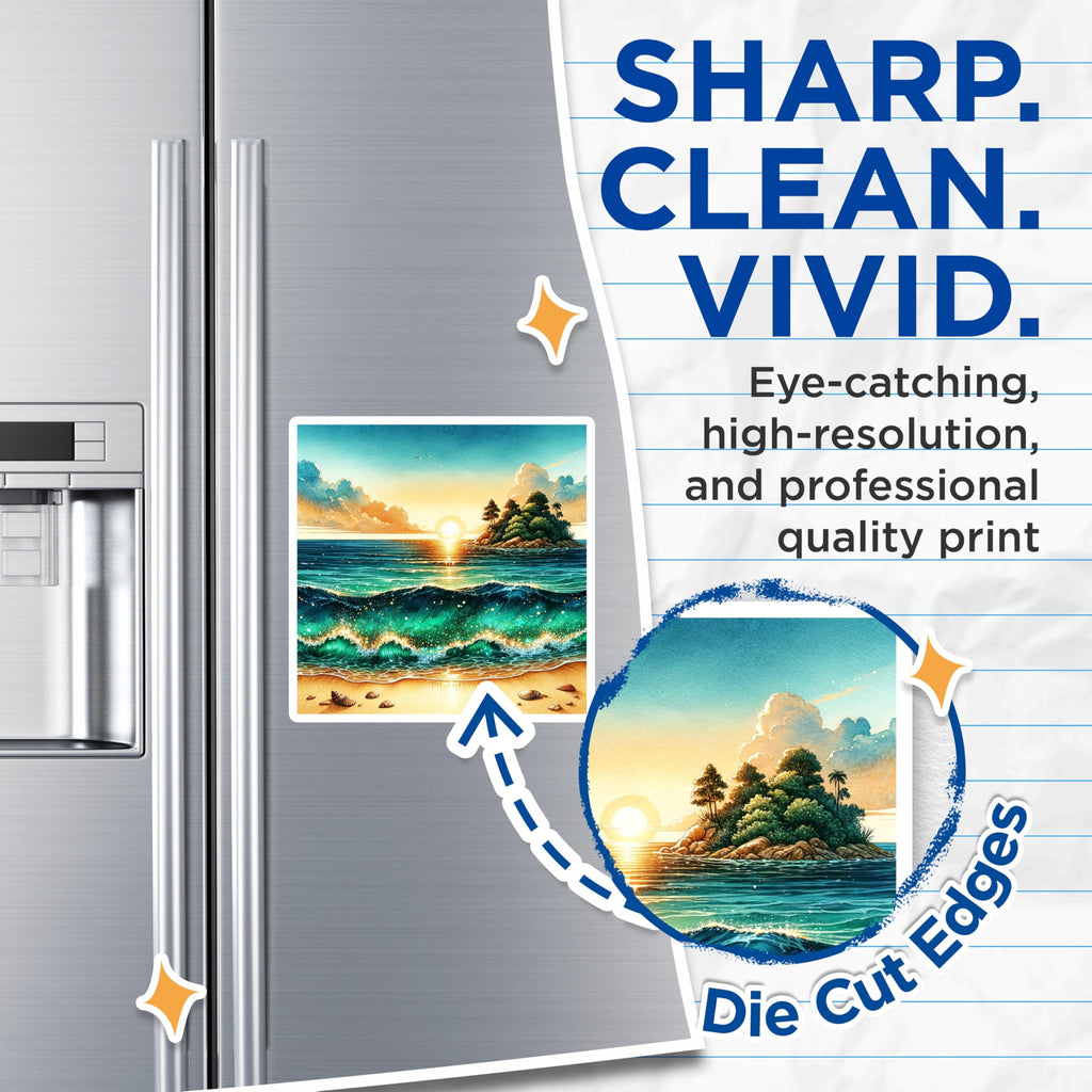 (2 Pack) Beach Scene Magnets - Watercolor Ocean Waves - Tropical Sunset Art - Coastal Kitchen Decor - 5 Inches On Longest Side - Thick Durable Magnet - Made in USA - MAG26221