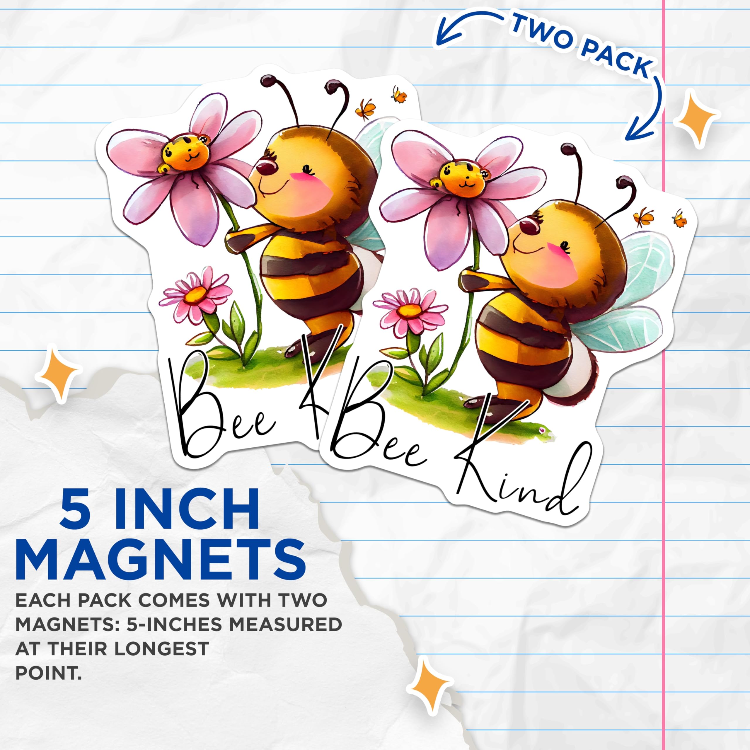 (2 Pack) Bee Kind Magnets - Cute Bee Decor - Positive Affirmation Magnets - 5" On Longest Side - Premium Magnet - for Cars, Refrigerators, Toolboxes, Lockers - Made in USA - MAG16729