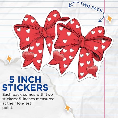 (2 Pack) Heart Bow Stickers - Red Bow Stickers - Cute Heart Stickers for DIY Crafts and Decorations - 5" On Longest Side - Sticks to Any Smooth Flat Surface - Made in USA - BMCS3605