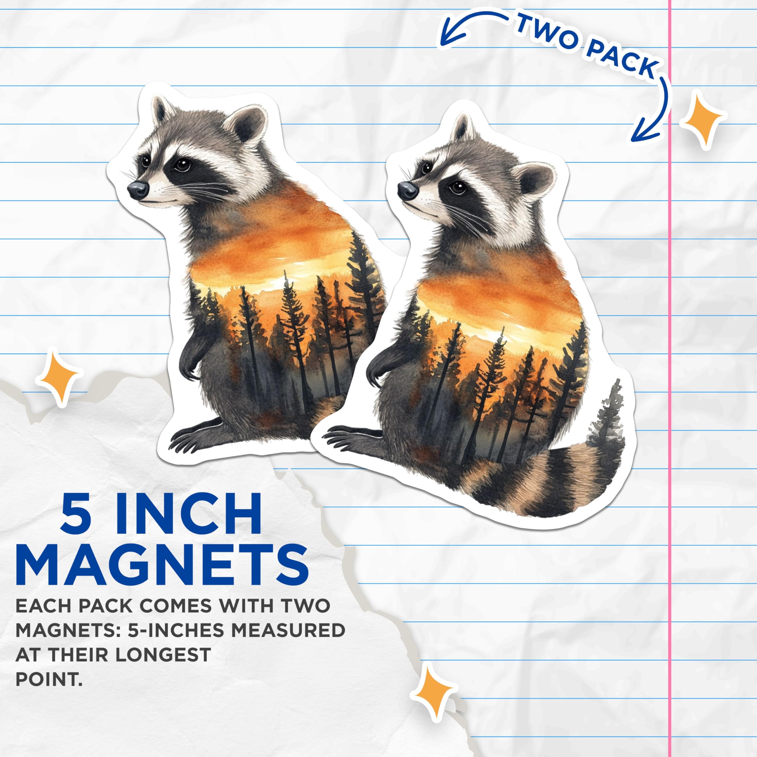(2 Pack) Raccoon Magnets - Forest Sunset Art - Animal Fridge Decor - 5" On Longest Side - Premium Magnet - for Cars, Refrigerators, Toolboxes, Lockers - Made in USA - MAG15272