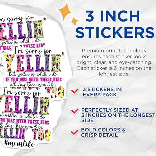 (3 Pack) Momlife Decals - Funny Mom - Yelling Mom Laptop Decals - 3 Inches On Longest Side - Easy Peel & Apply - Made in USA - 3MCS2006