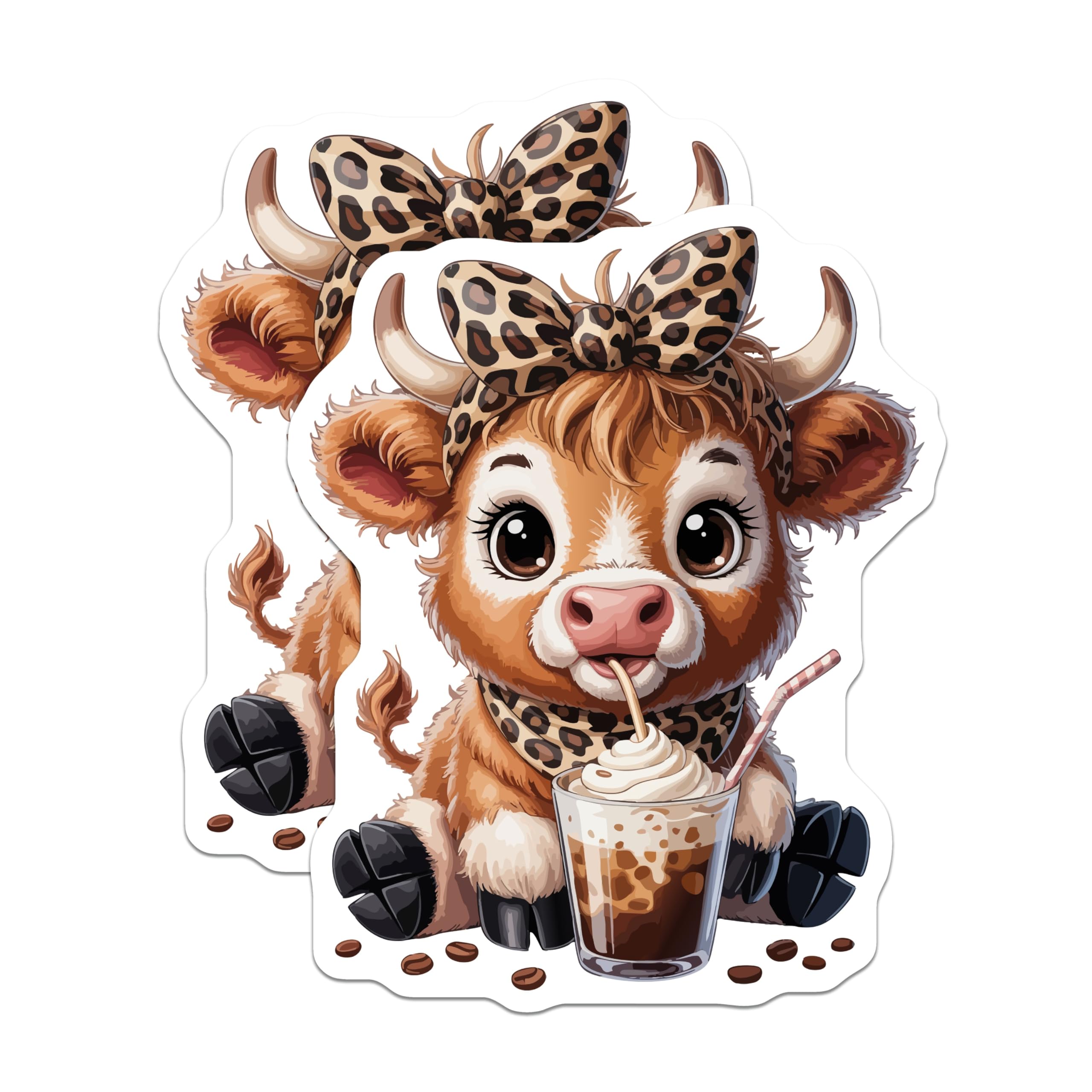 (2 Pack) Adorable Baby Cow Coffee Lover Magnets - Leopard Print Farm Animal Decor - Iced Coffee Farmhouse Kitchen Art - 5 Inches On Longest Side - Thick Durable Magnet - Made in USA - MAG20856