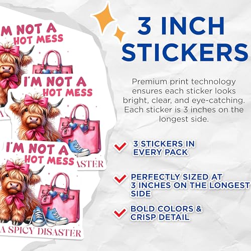 (3 Pack) Hot Mess Decals - Funny Saying Decal - Highland Cow Decals - 3 Inches On Longest Side - Easy Peel & Apply - Made in USA - 3MCS2481
