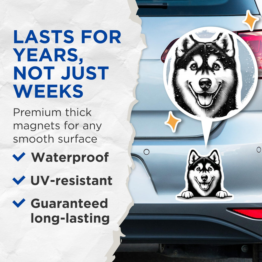 (2 Pack) Husky Dog Magnets - Cute Doge Fridge Decoration - Happy Puppy - 5" On Longest Side - Premium Magnet - for Cars, Refrigerators, Toolboxes, Lockers - Made in USA - MAG15486
