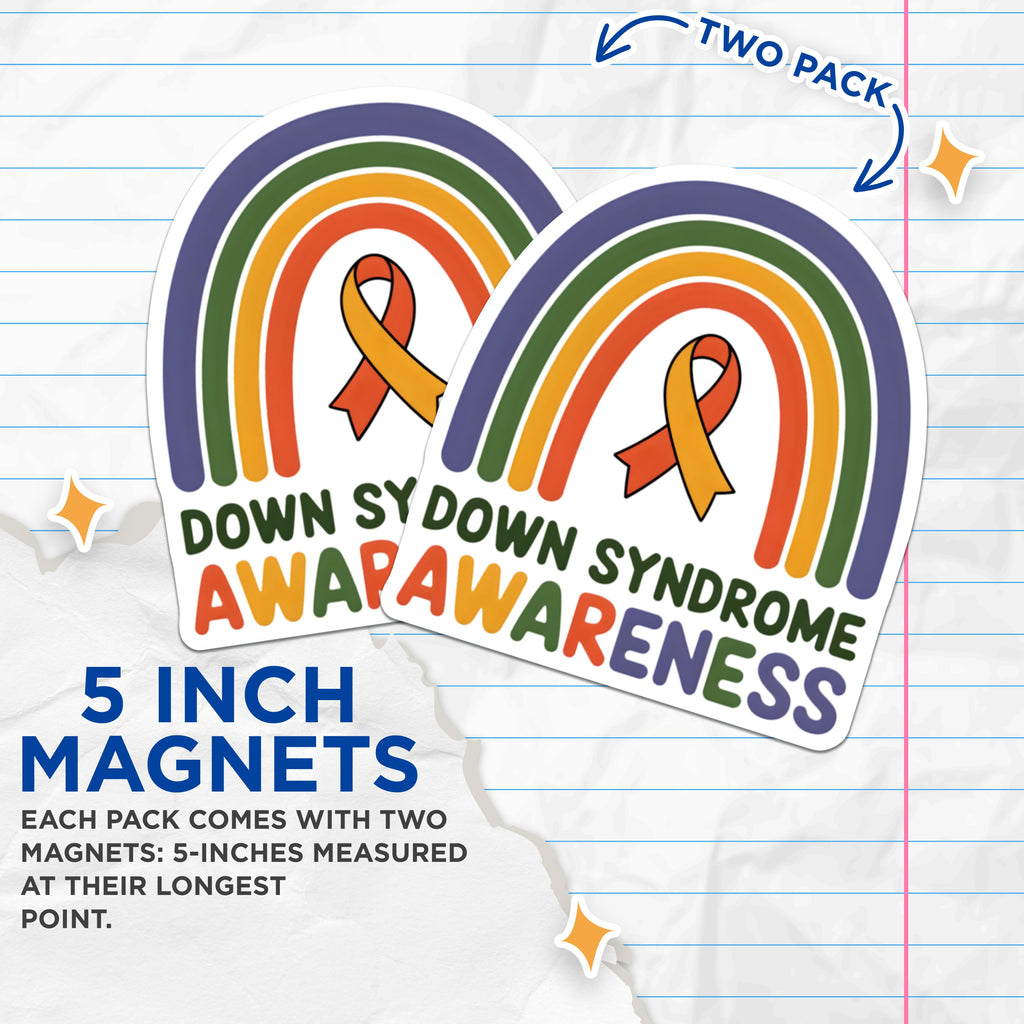 (2 Pack) Down Syndrome Awareness Magnets - Trisomy 21 Support Rainbow Ribbon - Special Needs Family Advocacy - 5 Inches On Longest Side - Thick Durable Magnet - Made in USA - MAG38392