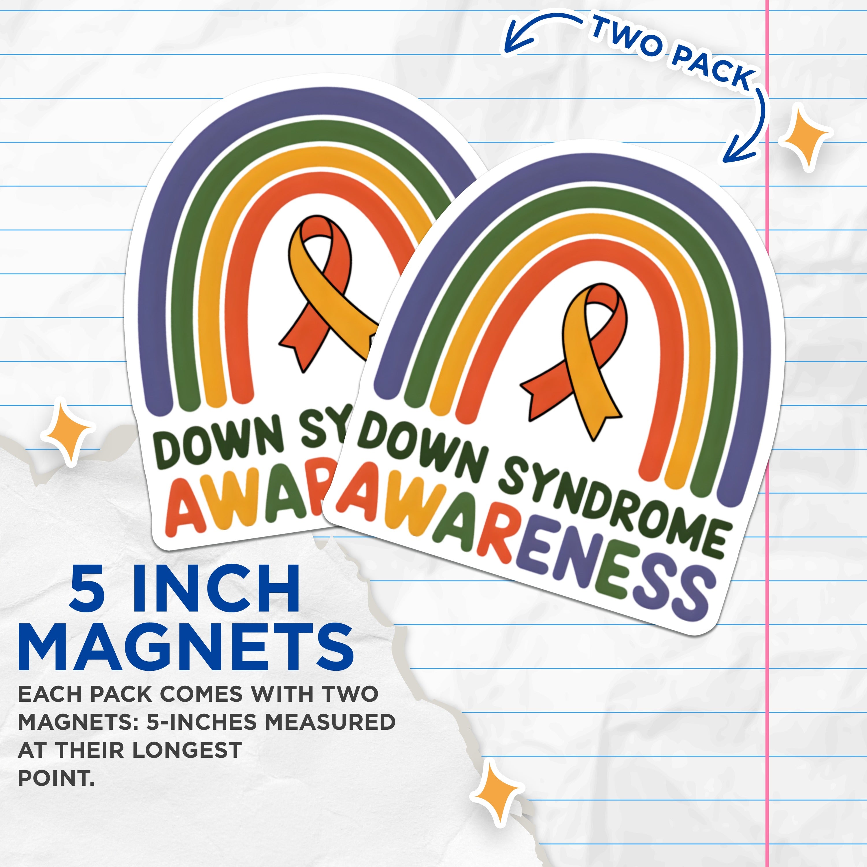 (2 Pack) Down Syndrome Awareness Magnets - Trisomy 21 Support Rainbow Ribbon - Special Needs Family Advocacy - 5 Inches On Longest Side - Thick Durable Magnet - Made in USA - MAG38392