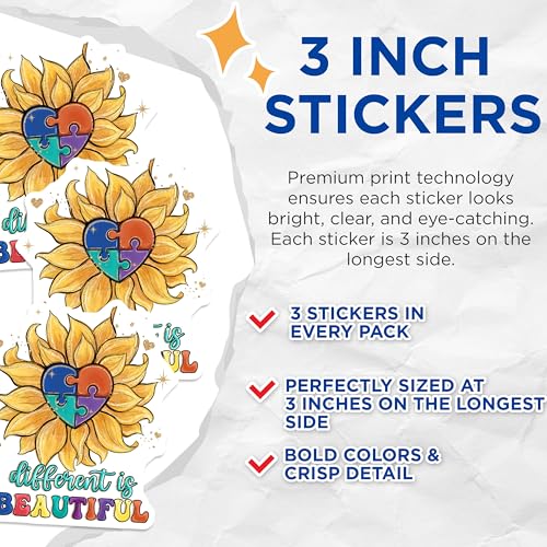 (3 Pack) Autism Awareness Decals - Puzzle Heart Sunflower - Different is Beautiful Stickers - 3 Inches On Longest Side - Easy Peel & Apply - Made in USA - 3MCS2927