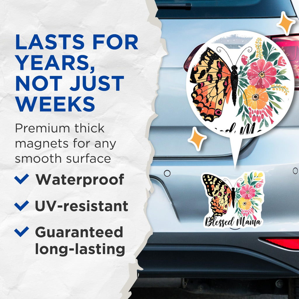 (2 Pack) Blessed Mama Magnets - Butterfly Design - Floral Decor - 5" On Longest Side - for Cars, Fridges, Toolboxes - Made in USA - MAG7718