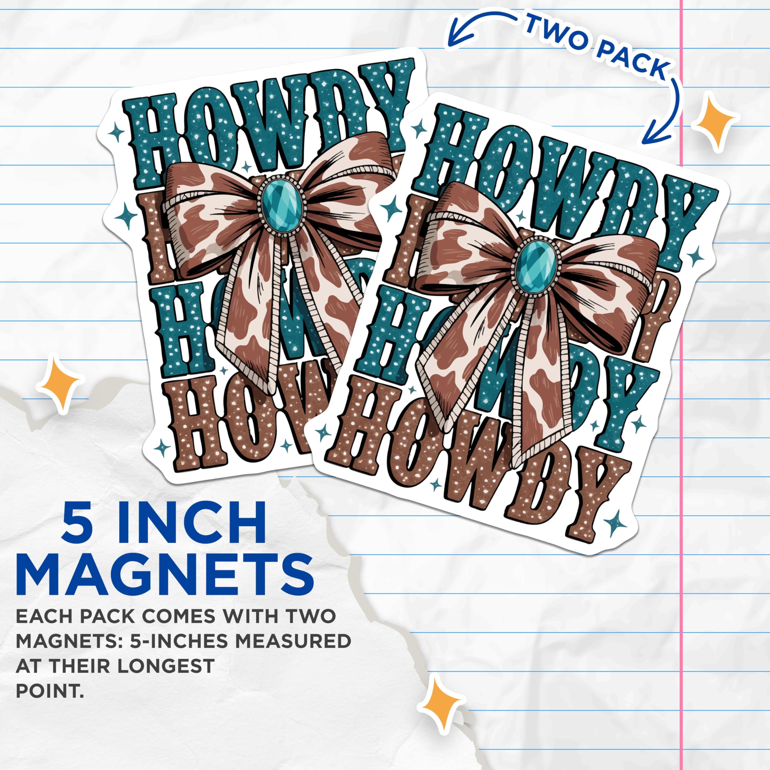 (2 Pack) Howdy Magnets - Cow Print Bow Decor - Western Country Charm - 5 Inches On Longest Side - Thick Durable Magnet - Made in USA - MAG22553
