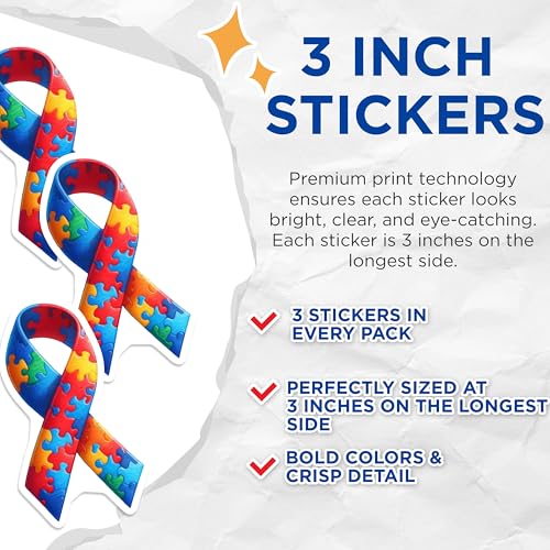 (3 Pack) Autism Awareness Decals - Puzzle Ribbon Support - Laptop Decals- 3 Inches On Longest Side - Easy Peel & Apply - Made in USA - 3MCS5613