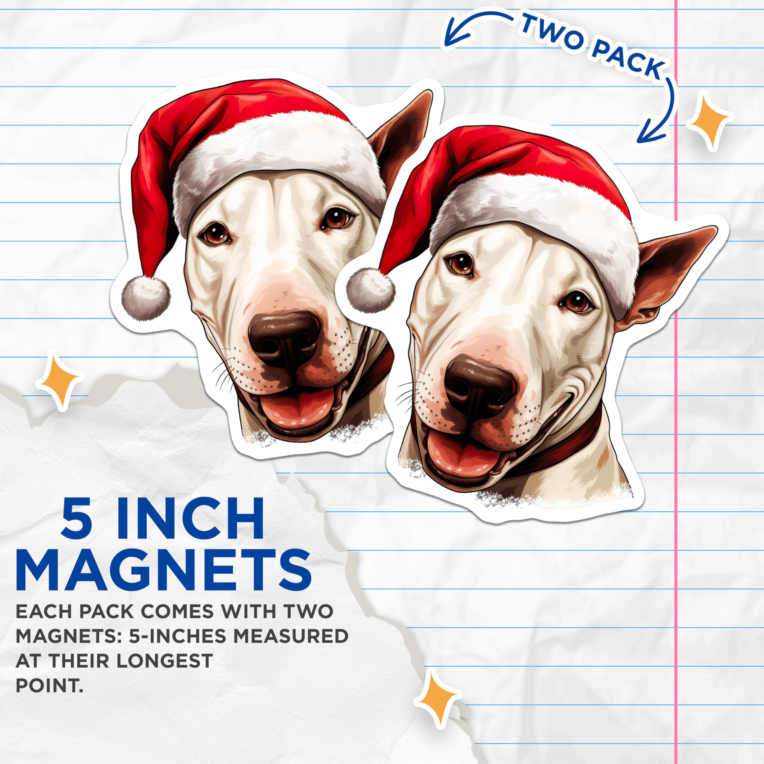 (2 Pack) Bull Terrier Santa Hat Magnets - Christmas Dog Refrigerator Decor - Holiday Pet Animal Art - 5 Inches On Longest Side - Thick Durable Magnet - Made in USA - MAG25679