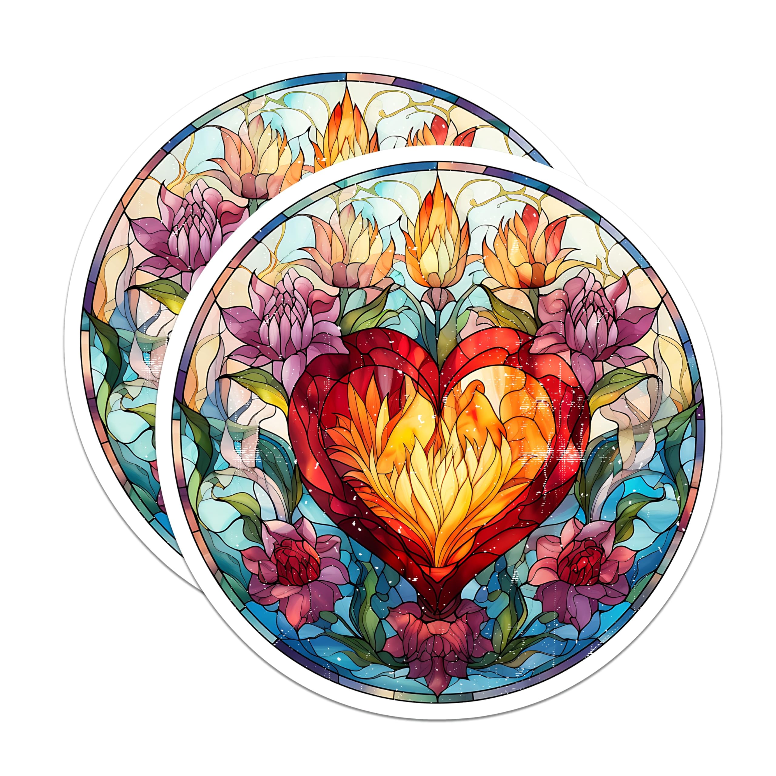 (2 Pack) Stained Glass Heart Magnets - Flaming Sacred Love Decor - Art Nouveau Inspired Kitchen - 5 Inches On Longest Side - Thick Durable Magnet - Made in USA - MAG28711