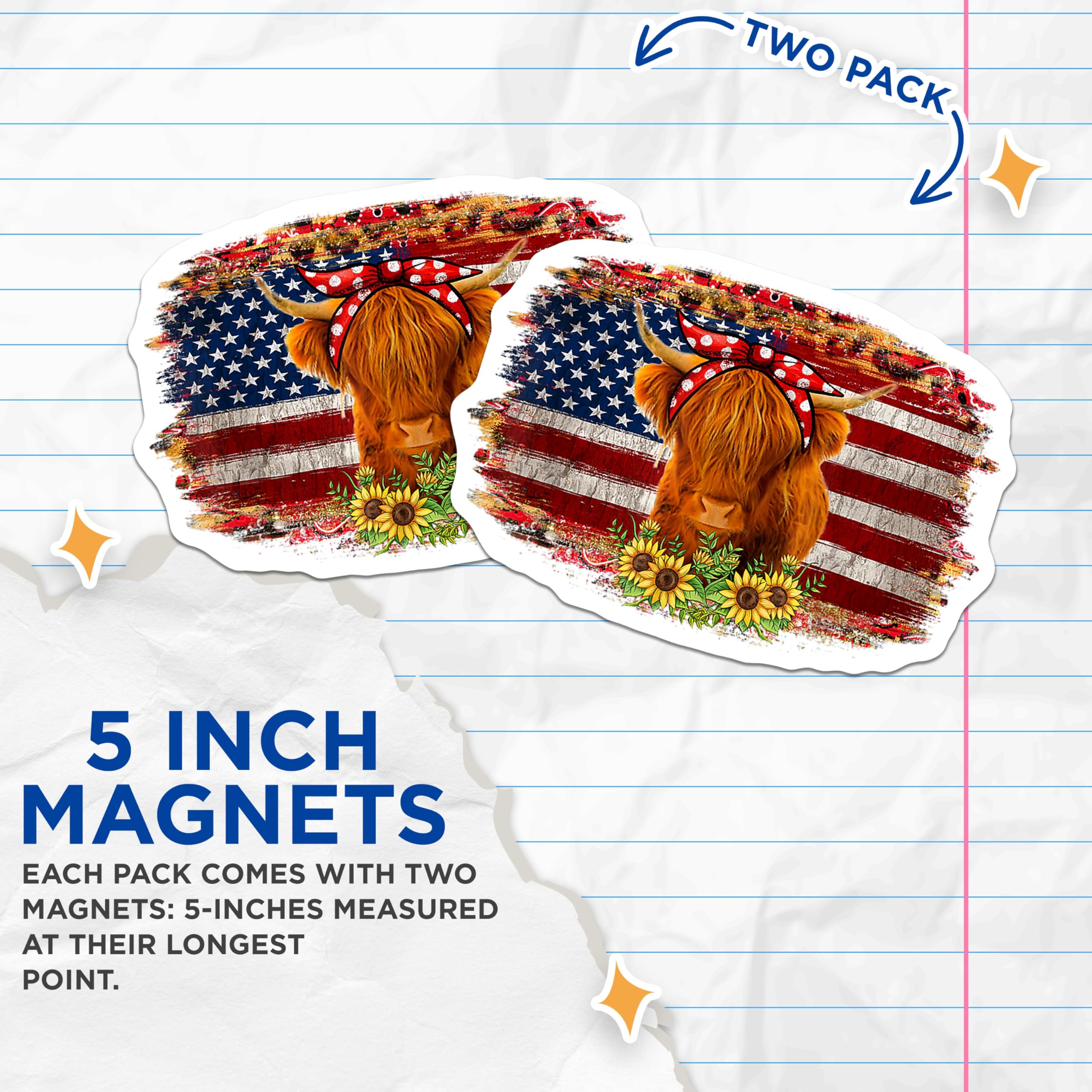 (2 Pack) Highland Cow Magnets - American Flag Rustic Design - Sunflower Farm Animal Accent - 5 Inches On Longest Side - Thick Durable Magnet - Made in USA - MAG26659