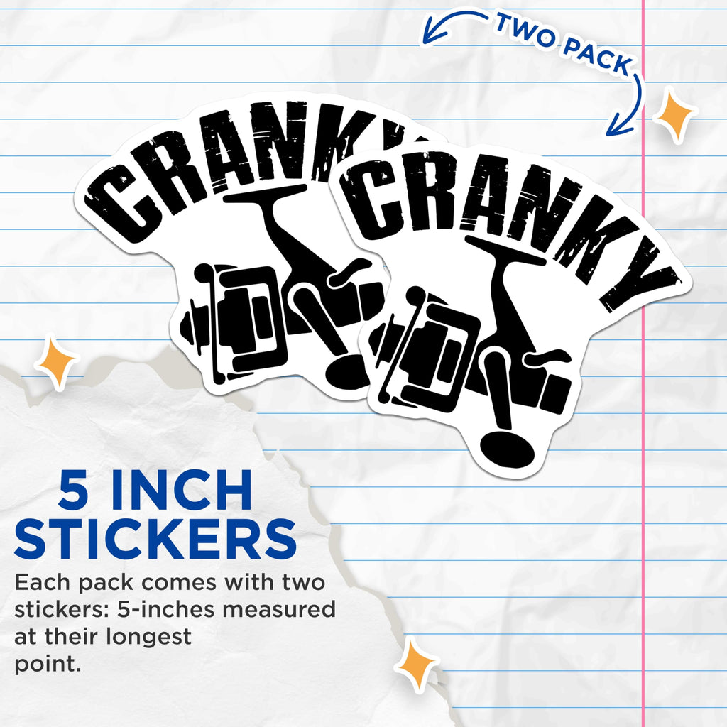 (2 Pack) Cranky Fishing Reel Stickers - Angler Decals - Fishing Humor Stickers - 5" On Longest Side - Sticks to Smooth Flat Surfaces - Made in USA - BMCS17133