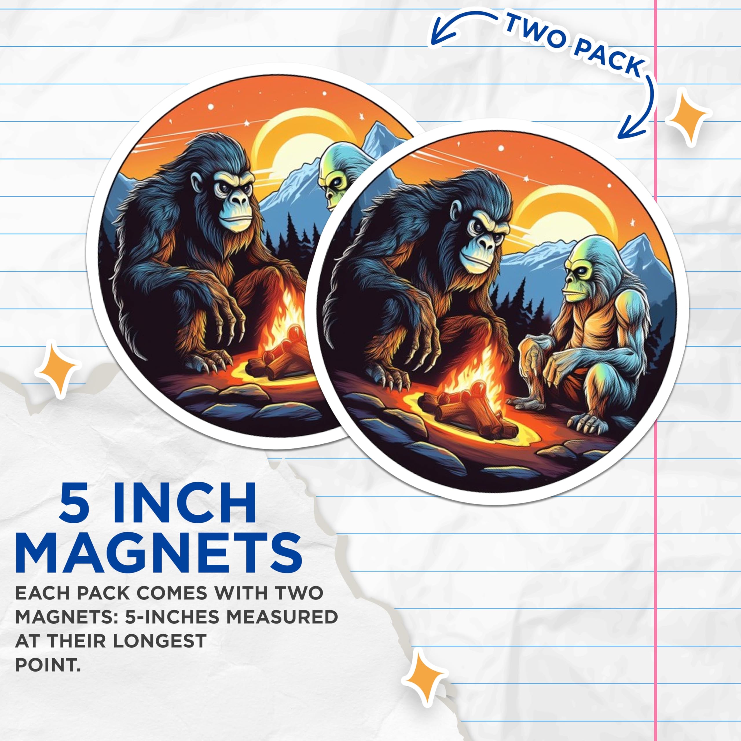(2 Pack) Bigfoot Sasquatch Magnets - Cryptid Campfire Scene - Mountain Sunset Adventure - 5 Inches On Longest Side - Thick Durable Magnet - Made in USA - MAG20561