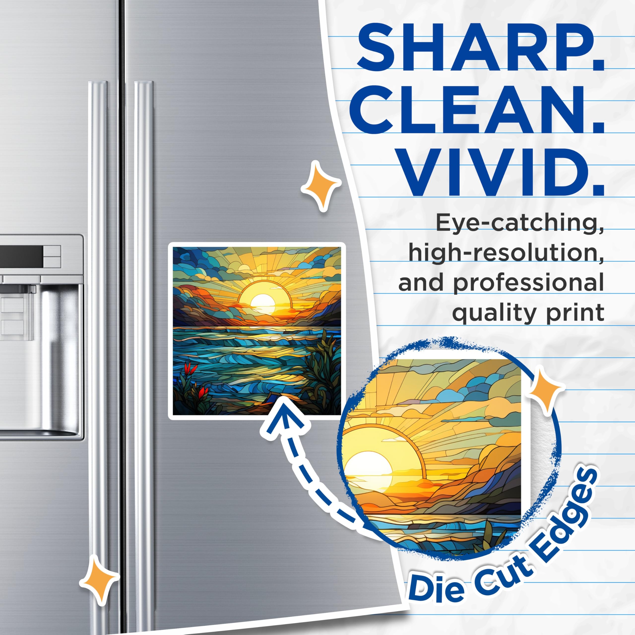 (2 Pack) Stained Glass Sunset Ocean Landscape Magnets - Coastal Beach House Decor - Vibrant Artistic Nature Theme - 5 Inches On Longest Side - Thick Durable Magnet - Made in USA - MAG30373