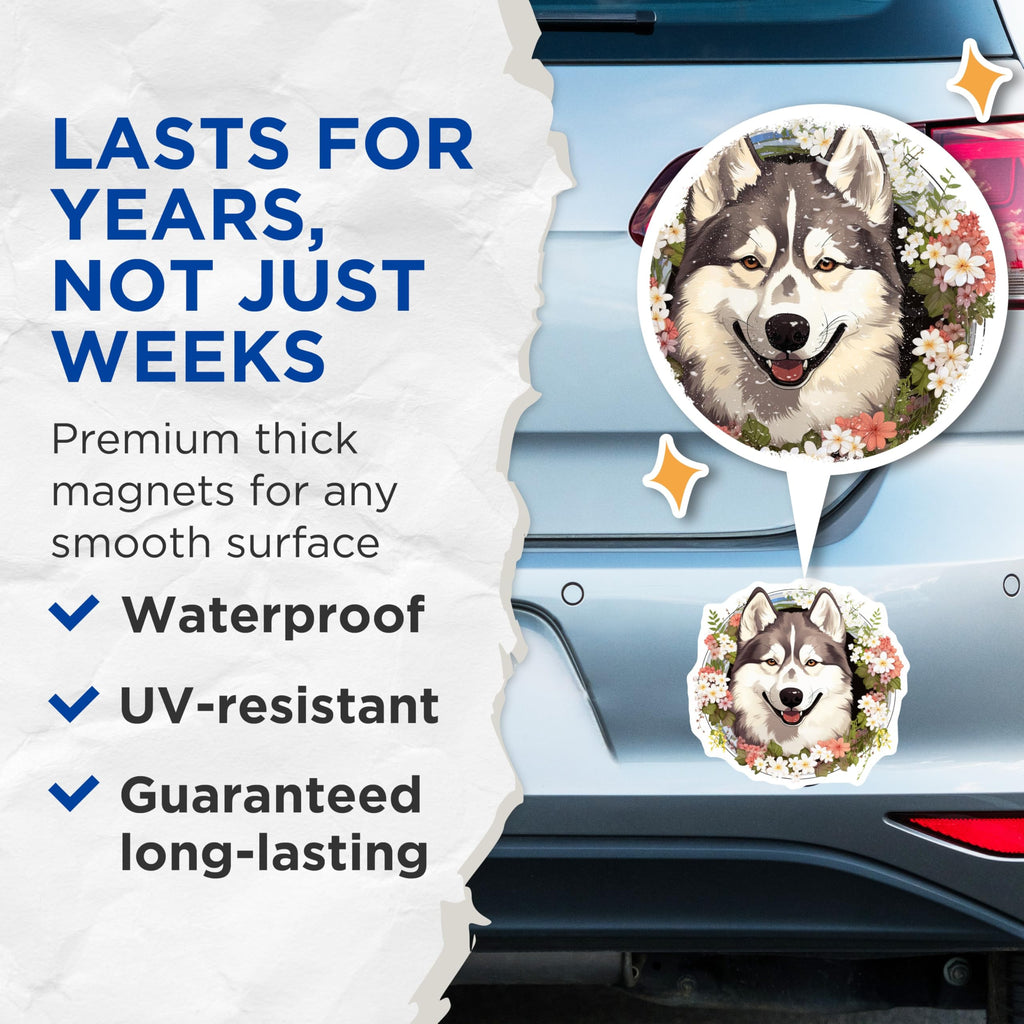 (2 Pack) Smiling Husky Dog Magnets - Floral Pet Lover Decor - Cute Animal Themed Kitchen Accessory - 5 Inches On Longest Side - Thick Durable Magnet - Made in USA - MAG26164