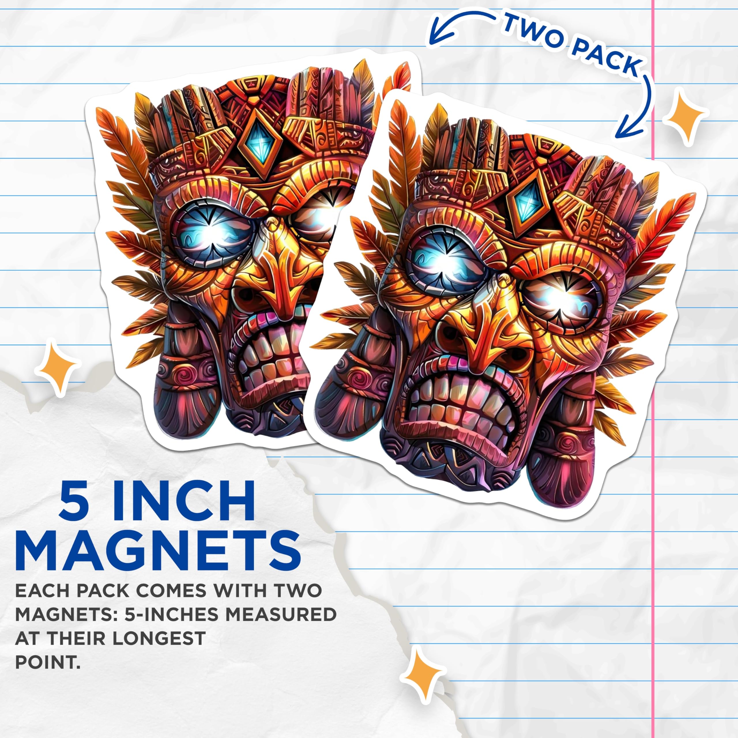 (2 Pack) Tiki Mask Magnets - Tribal Art Decor - Refrigerator Display - 5 Inches On Longest Side - Thick Durable Magnet - Made in USA - MAG22705