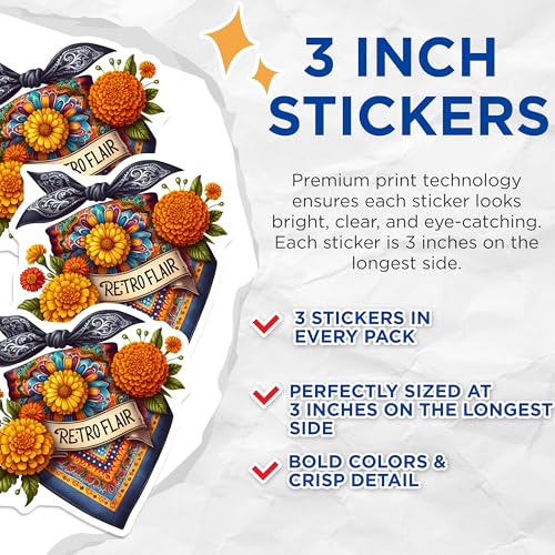 (3 Pack) Retro Flair Decals - Floral Laptop - Boho Decor Stickers - 3 Inches On Longest Side - Easy Peel & Apply - Made in USA - 3MCS7607