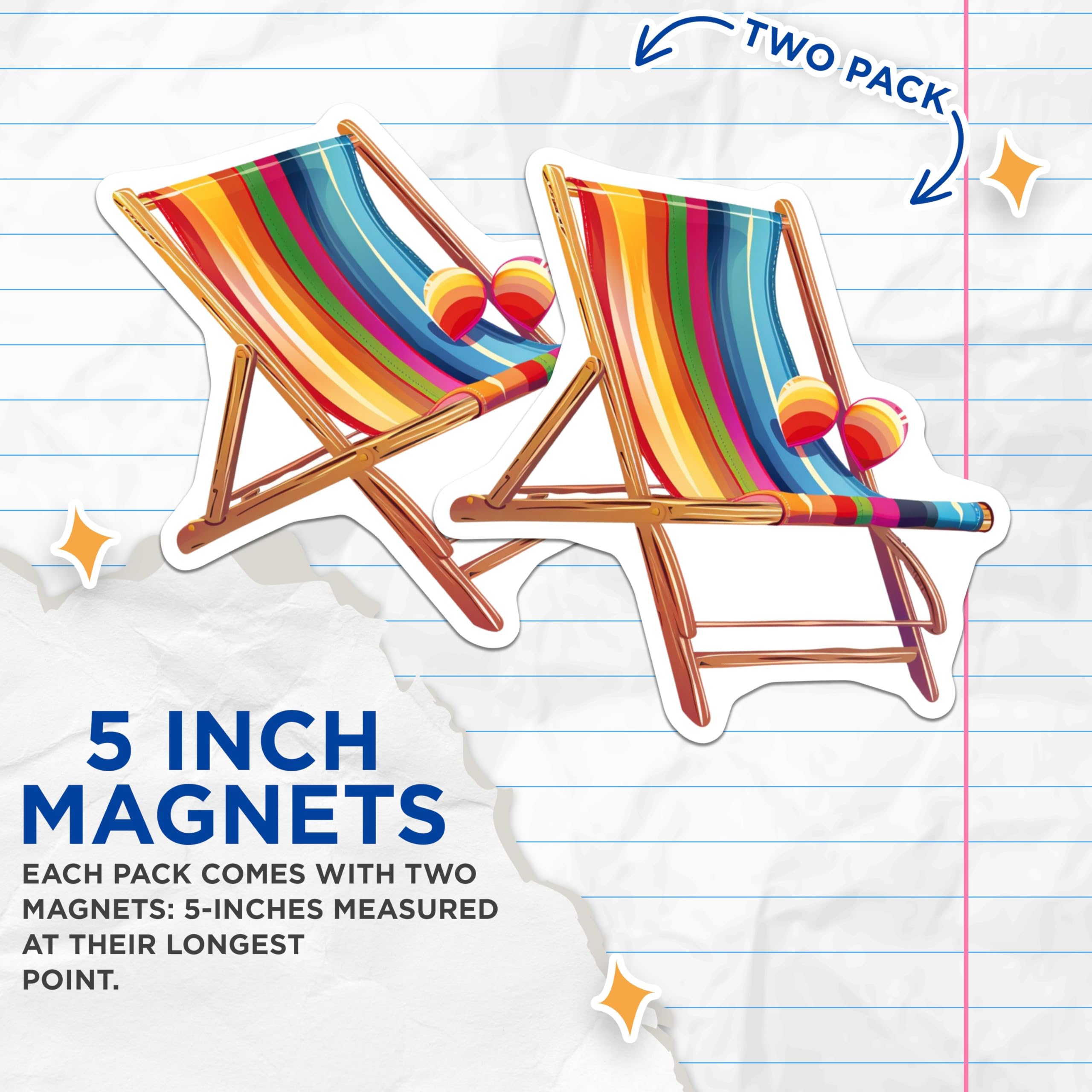 (2 Pack) Rainbow Beach Chair Magnets - Summer Vacation Decor - Tropical Coastal Vibes Art - Relaxing Leisure Time Accent - 5 Inches On Longest Side - Thick Durable Magnet - Made in USA - MAG24009