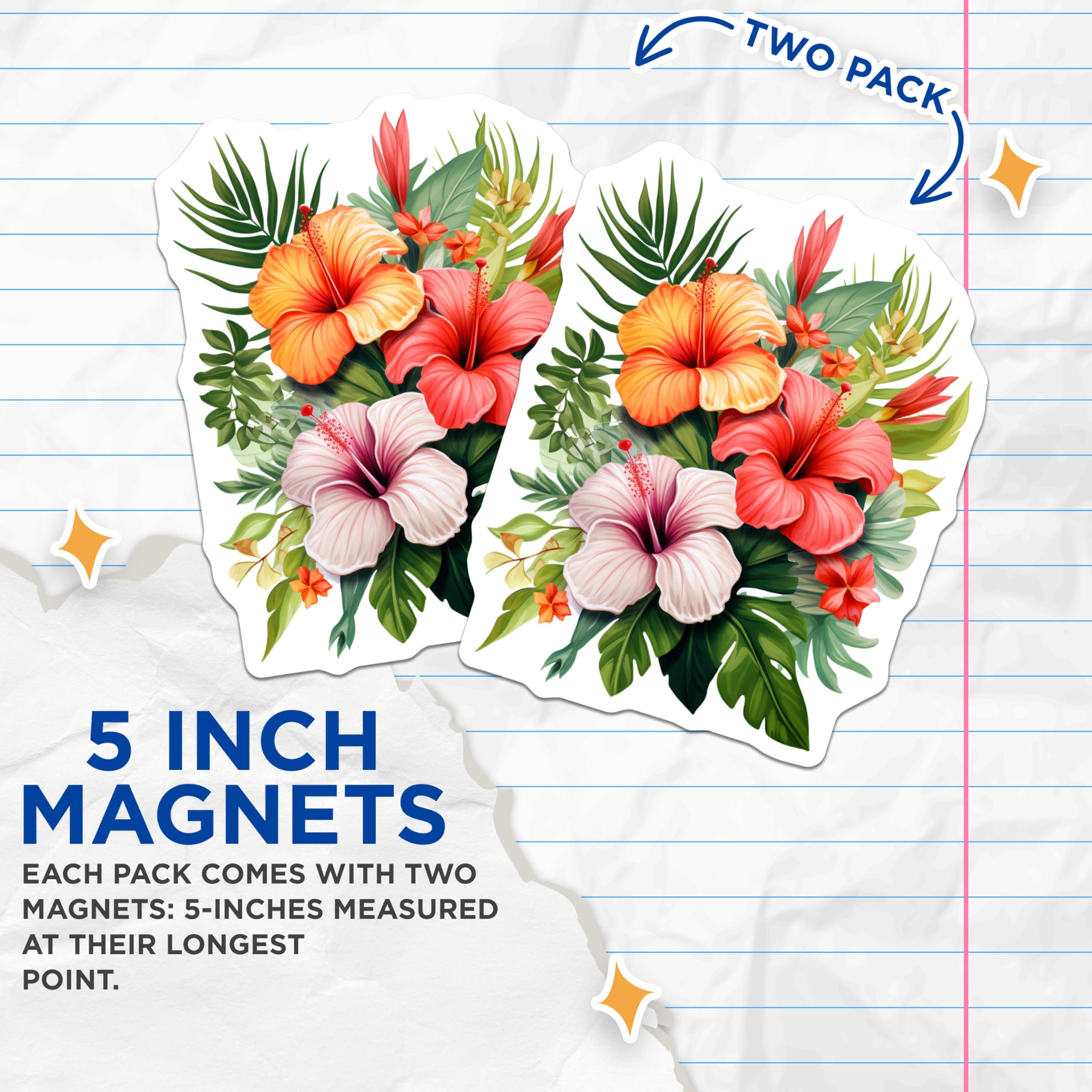 (2 Pack) Tropical Hibiscus Flower Magnets - Vibrant Hawaiian Floral Home Decor - Exotic Botanical Art for Refrigerator - 5 Inches On Longest Side - Thick Durable Magnet - Made in USA - MAG19682