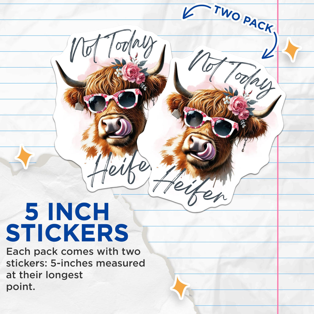 (2 Pack) Not Today Heifer Stickers - Funny Cow - Humorous Farm Animal - Cute Cow with Sunglasses - 5" On Longest Side - Sticks to Smooth Flat Surfaces - Made in USA - BMCS5227