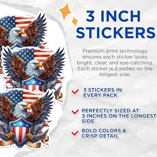 (3 Pack) American Eagle Decals - USA Flag - Patriotic Decor - 3 Inches On Longest Side - Easy Peel & Apply - Made in USA - 3MCS0252