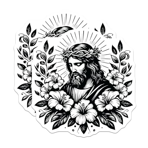(2 Pack) Jesus Christ Floral Stickers - Religious Art - Faith Stickers - Inspirational Christian Decals - 5" On Longest Side - Sticks to Smooth Flat Surfaces - Made in USA - BMCS7316