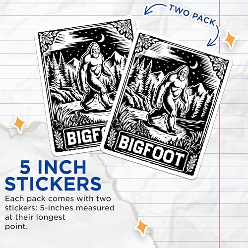 (2 Pack) Bigfoot Stickers - Cryptid Art Stickers - Mythical Creature Decals - 5" On Longest Side - Sticks to Smooth Flat Surfaces - Made in USA - BMCS5298