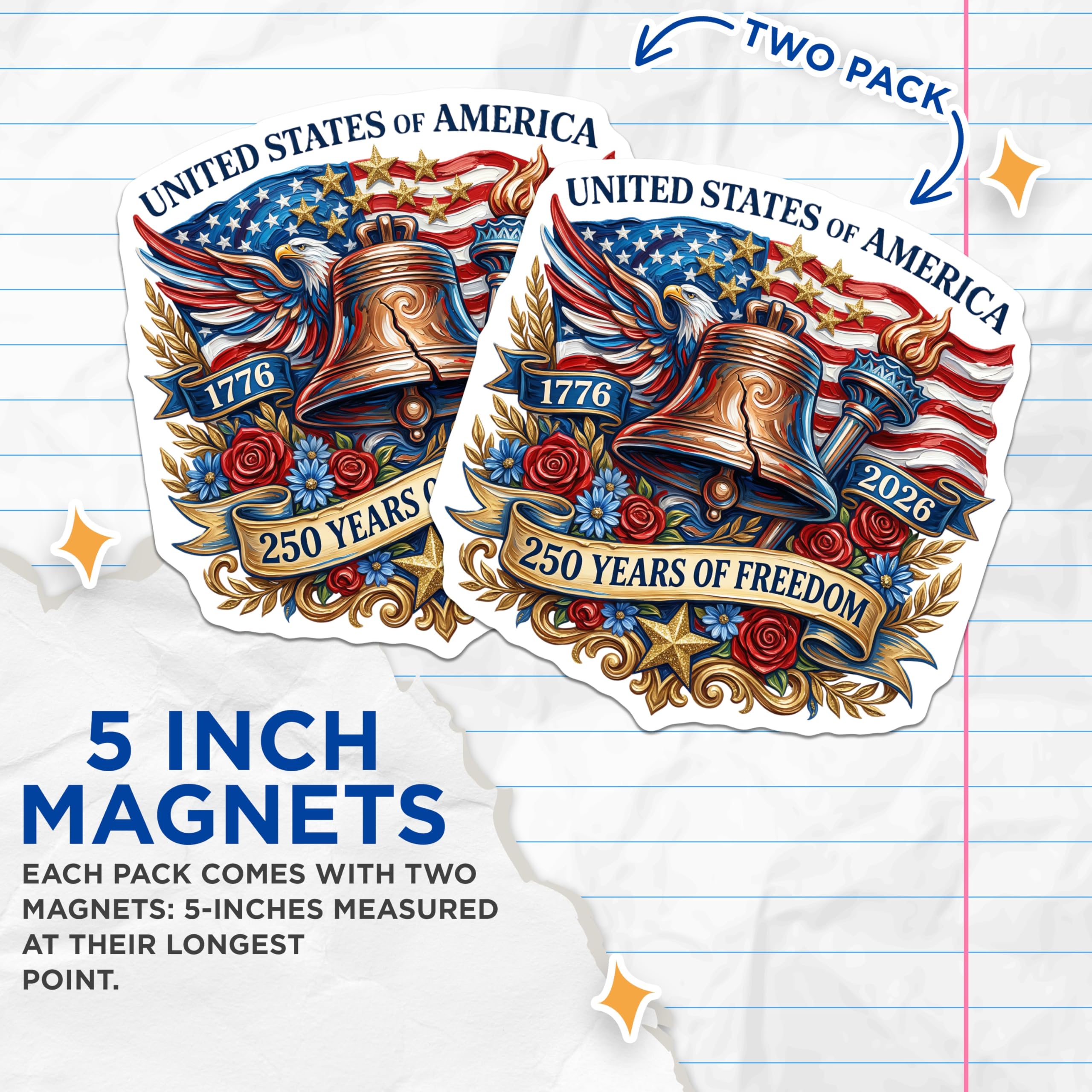 (2 Pack) 250th Anniversary Freedom Magnets - American Heritage Souvenir - Patriotic Home Decor for 2026-5 Inches On Longest Side - Thick Durable Magnet - Made in USA - MAG25479