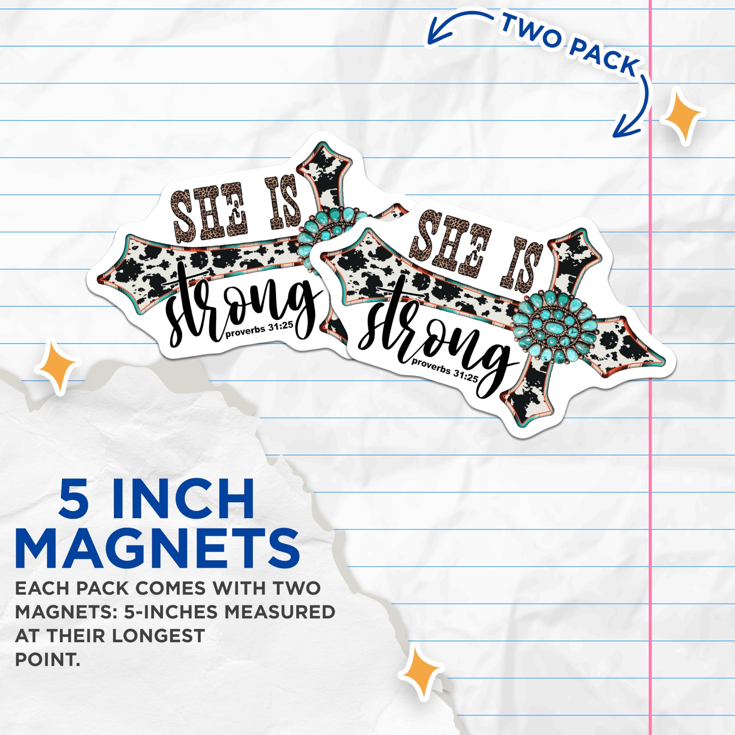 (2 Pack) She is Strong Magnets - Proverbs 31 25 Christian Decor - Western Leopard Cow Print Turquoise Cross - 5 Inches On Longest Side - Thick Durable Magnet - Made in USA - MAG23962