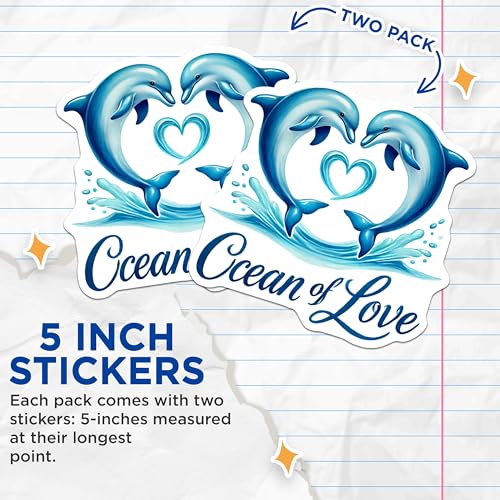 (2 Pack) Ocean of Love Stickers - Dolphin Sticker - 5" On Longest Side - Sticks to Smooth Flat Surfaces - Made in USA - BMCS8767 - BMCS8767