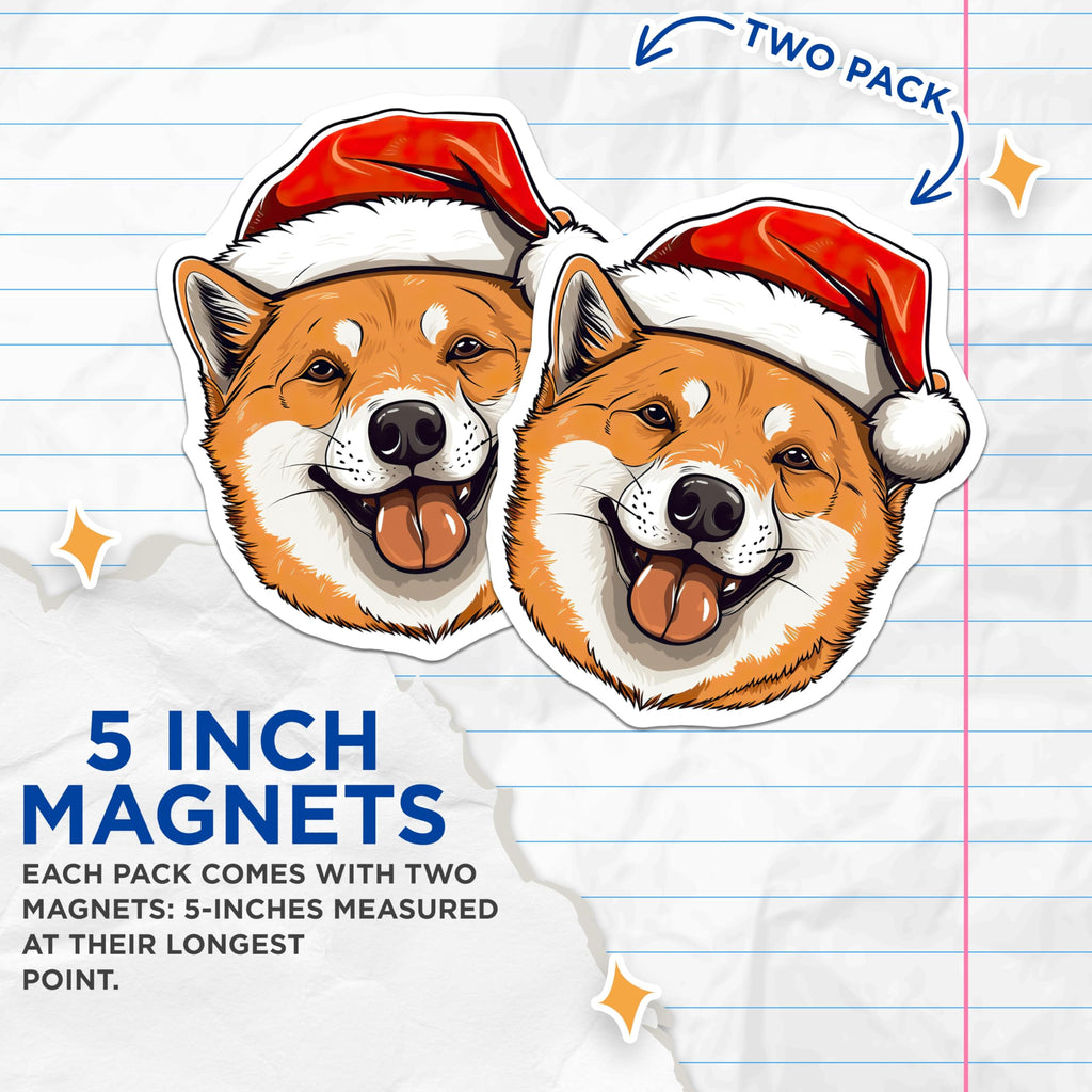 (2 Pack) Shiba Inu Magnets - Christmas Dog Decor - Santa Hat Pet Lover Accessory - 5 Inches On Longest Side - Thick Durable Magnet - Made in USA - MAG23592