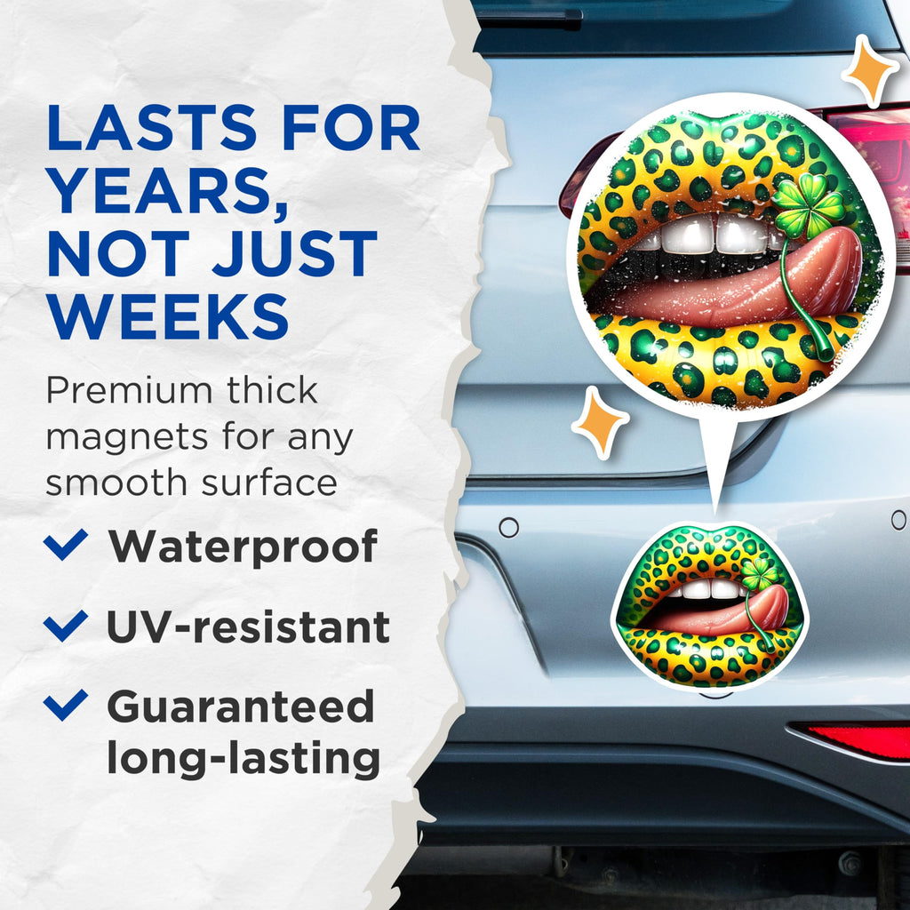 (2 Pack) St Patricks Day Lips Magnets - Leopard Print Mouth - Four Leaf Clover Decor - 5" On Longest Side - Premium Magnet - for Cars, Refrigerators, Toolboxes, Lockers - Made in USA - MAG16707
