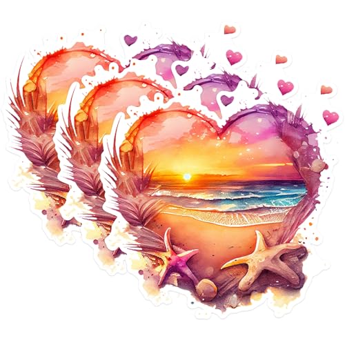 (3 Pack) Beach Sunset Heart Decals - Starfish Ocean Laptop Decal - Watercolor Sea Decals - 3 Inches On Longest Side - Easy Peel & Apply - Made in USA - 3MCS1648