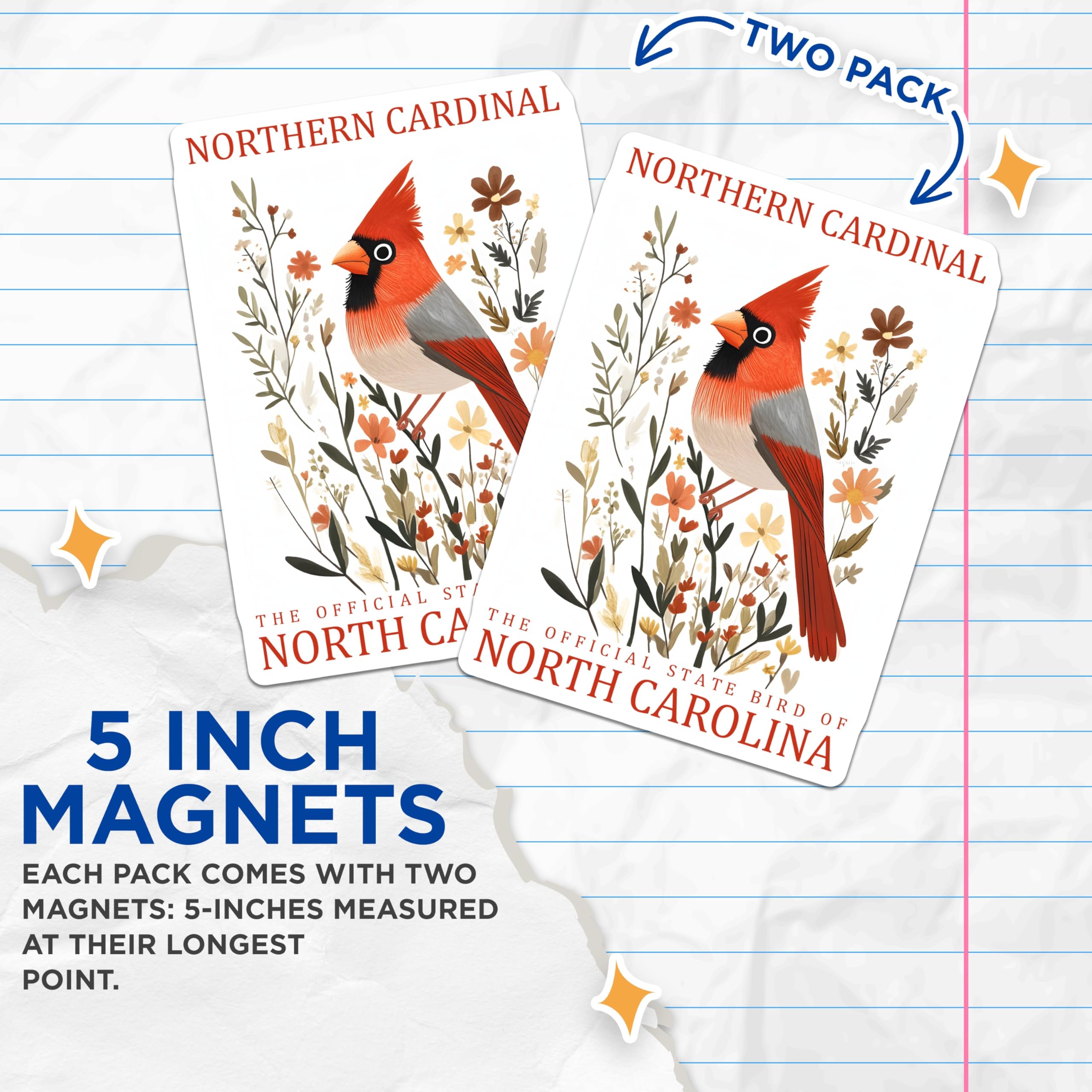 (2 Pack) Cardinal Bird Magnets - North Carolina State Bird Decor - Floral Home Accents - 5" On Longest Side - Premium Magnet - for Cars, Refrigerators, Toolboxes, Lockers - Made in USA - MAG18742