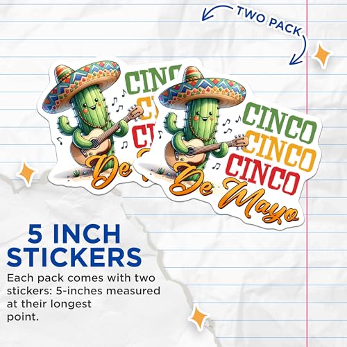 (2 Pack) Cinco De Mayo Stickers - Cactus Playing Guitar - Mexican Fiesta Decor - Party Vibes - Fun for Celebration - 5" On Longest Side - Sticks to Smooth Flat Surfaces - Made in USA - BMCS8229