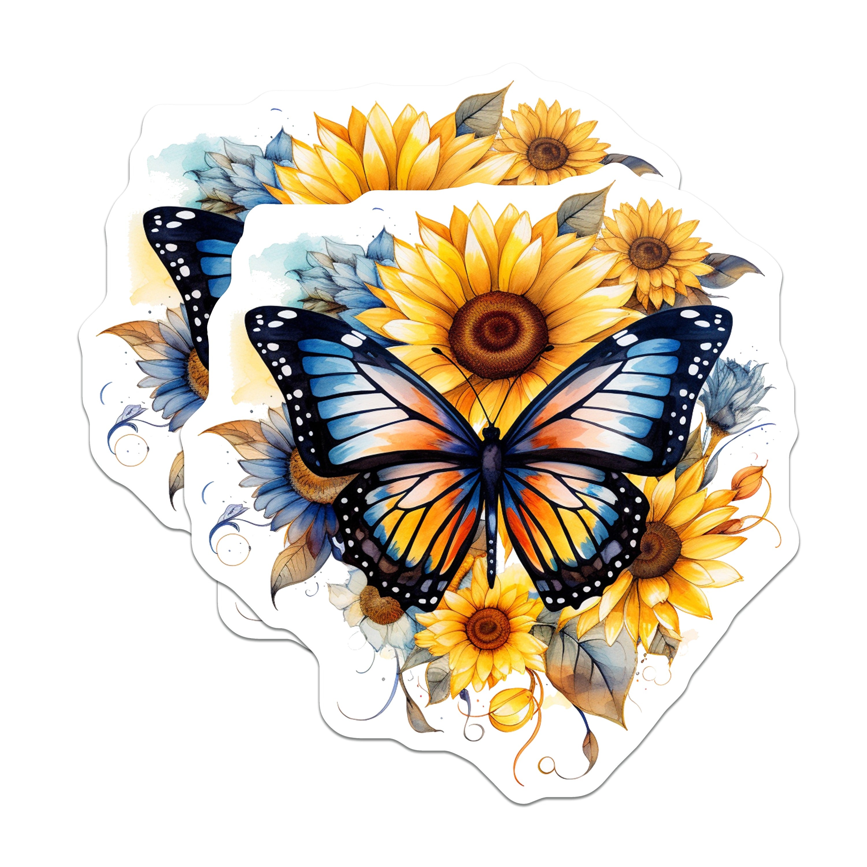 (2 Pack) Butterfly Sunflowers Magnets - Watercolor Art Fridge Decor - Nature Lover Home Kitchen Display - 5 Inches On Longest Side - Thick Durable Magnet - Made in USA - MAG36199