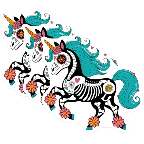 (3 Pack) Sugar Skull Unicorn Decals - Day of The Dead - Calavera Unicorn - 3 Inches On Longest Side - Easy Peel & Apply - Made in USA - 3MCS8221