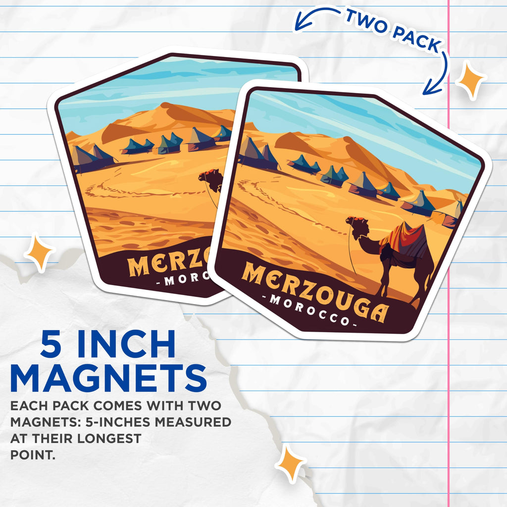 (2 Pack) Merzouga Morocco Magnets - Desert Camel Scene - Travel Adventure Art - 5 Inches On Longest Side - Thick Durable Magnet - Made in USA - MAG19670