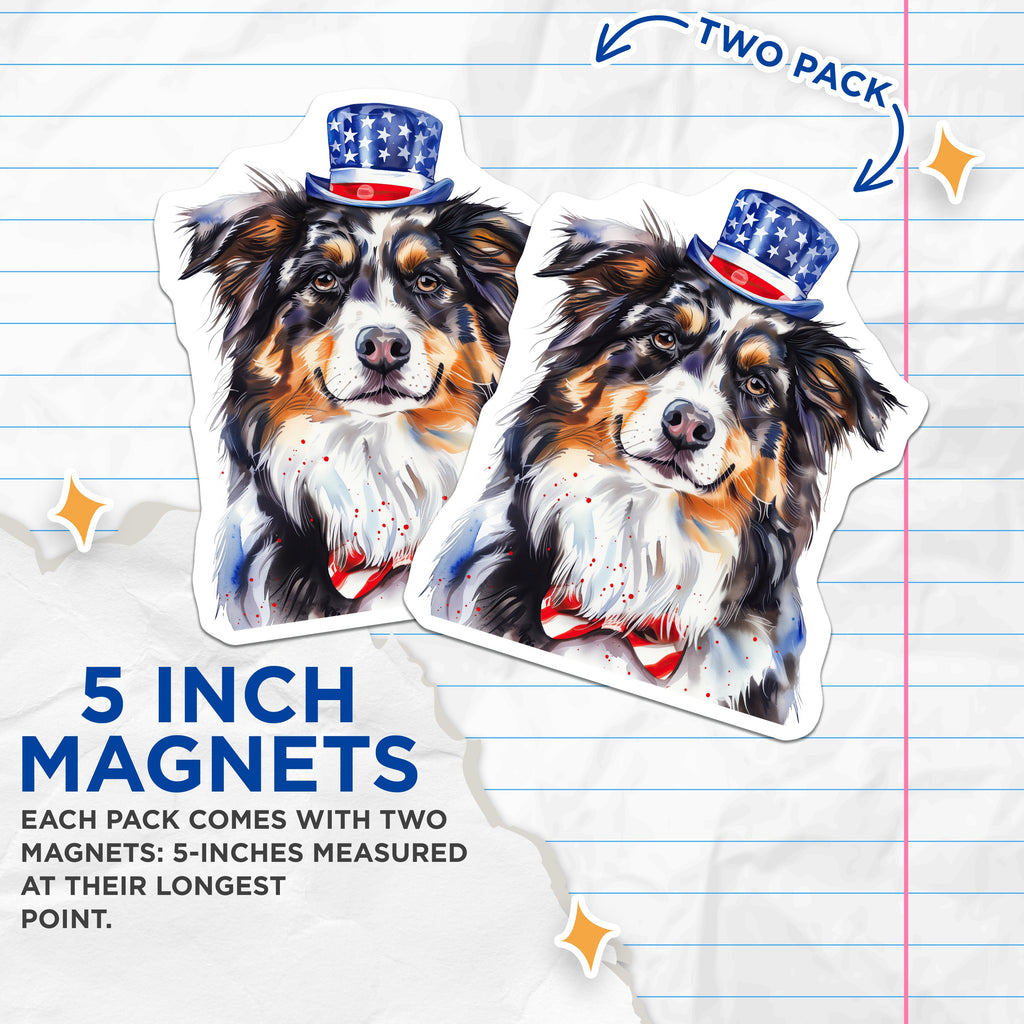 (2 Pack) Patriotic Australian Shepherd Magnets - American Flag Dog Decor - Fourth of July Home Accent - 5 Inches On Longest Side - Thick Durable Magnet - Made in USA - MAG38660