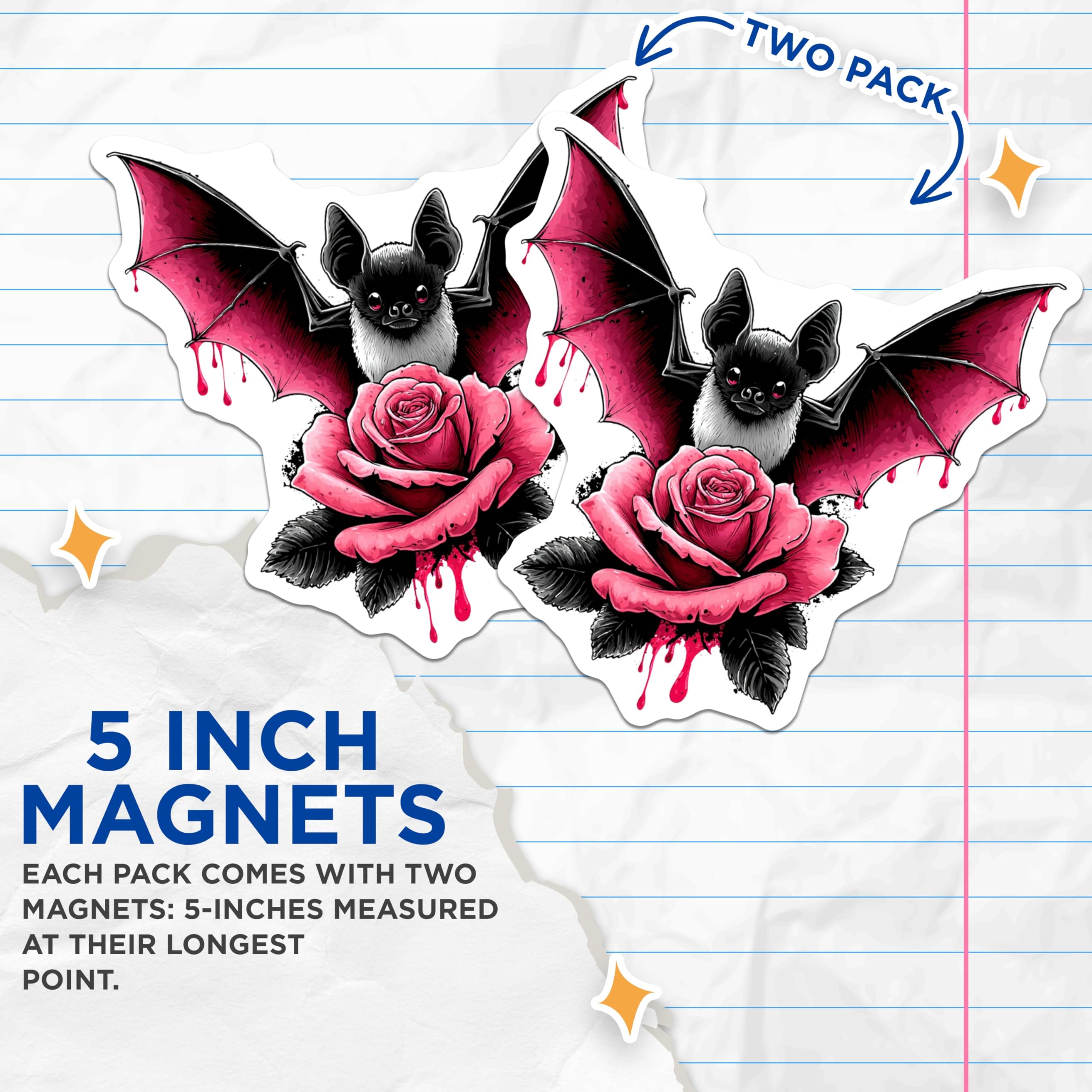 (2 Pack) Gothic Bat Rose Magnets - Dark Fantasy Fridge Art - Spooky Halloween Locker Decor Aesthetic - 5 Inches On Longest Side - Thick Durable Magnet - Made in USA - MAG21080