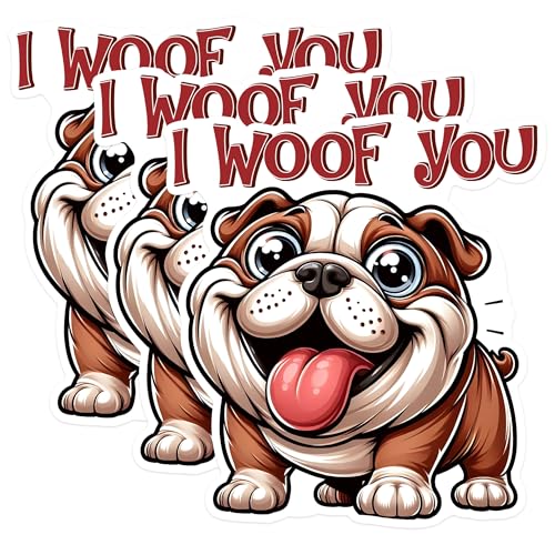 (3 Pack) Bulldog Decals - I Woof You Sticker - Cute Dog Laptop Decals - 3 Inches On Longest Side - Easy Peel & Apply - Made in USA - 3MCS1279