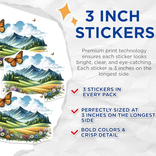 (3 Pack) Butterfly Landscape Decals - Mountain Meadow Stickers - Floral Field Decals - 3 Inches On Longest Side - Easy Peel & Apply - Made in USA - 3MCS1161