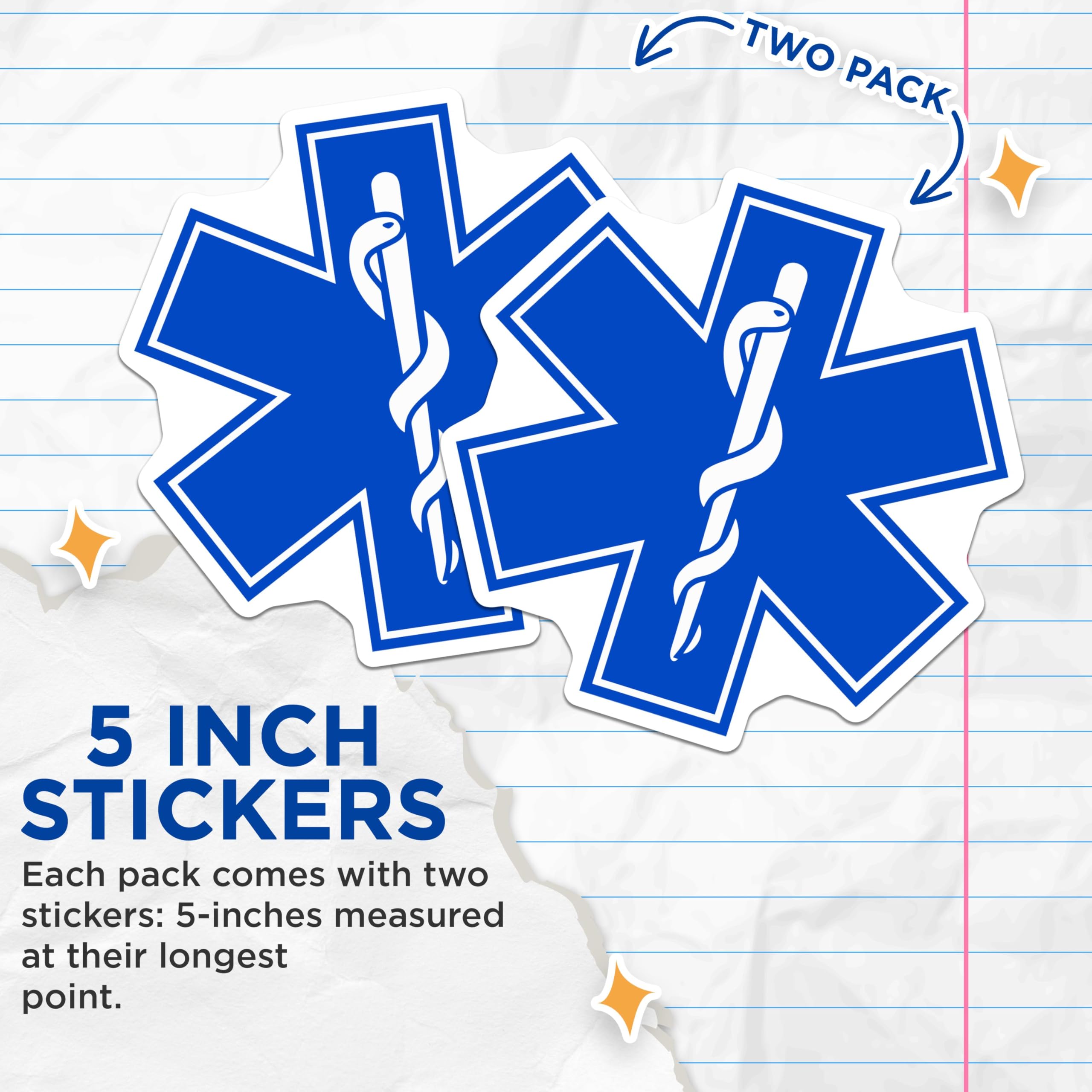 (2 Pack) Medical Alert Symbol Stickers - EMT Paramedic Decal Stickers - Star of Life Stickers - 5" On Longest Side - Sticks to Smooth Flat Surfaces - Made in USA - BMCS4644