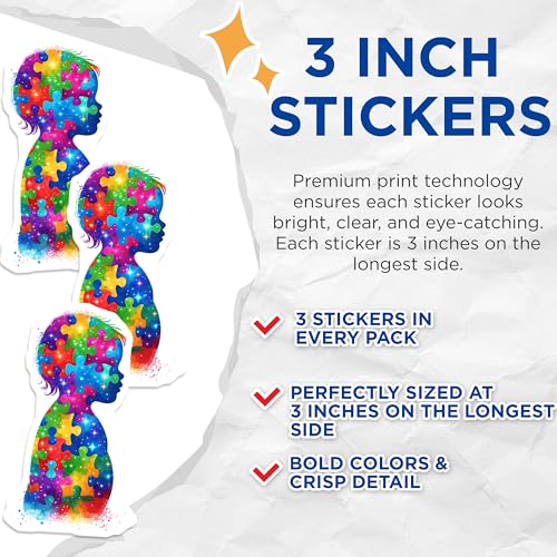 (3 Pack) Autism Awareness Decals - Puzzle Piece Stickers - Neurodiversity Laptop Decal - 3 Inches On Longest Side - Easy Peel & Apply - Made in USA - 3MCS6669