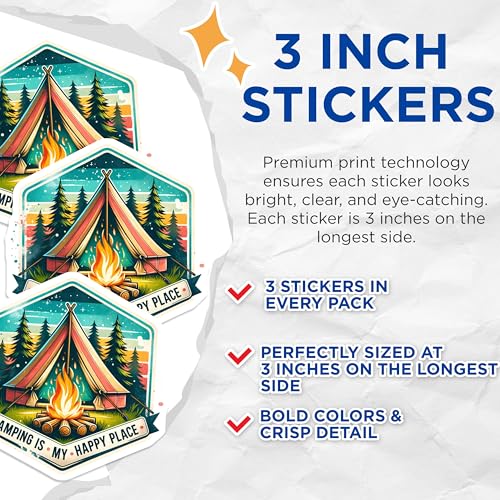 (3 Pack) Camping Decals - Tent and Bonfire - Happy Camper Stickers- 3 Inches On Longest Side - Easy Peel & Apply - Made in USA - 3MCS5389