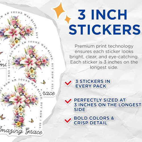 (3 Pack) Amazing Grace Decals - Floral Cross - Christian Laptop Decal - 3 Inches On Longest Side - Easy Peel & Apply - Made in USA - 3MCS0079