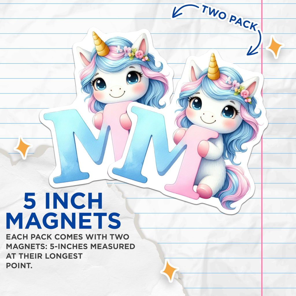 (2 Pack) Unicorn Initial M Magnets - Letter M Decor - Unicorn Lover Souvenirs - 5" On Longest Side - Premium Magnet - for Cars, Refrigerators, Toolboxes, Lockers - Made in USA - MAG16100