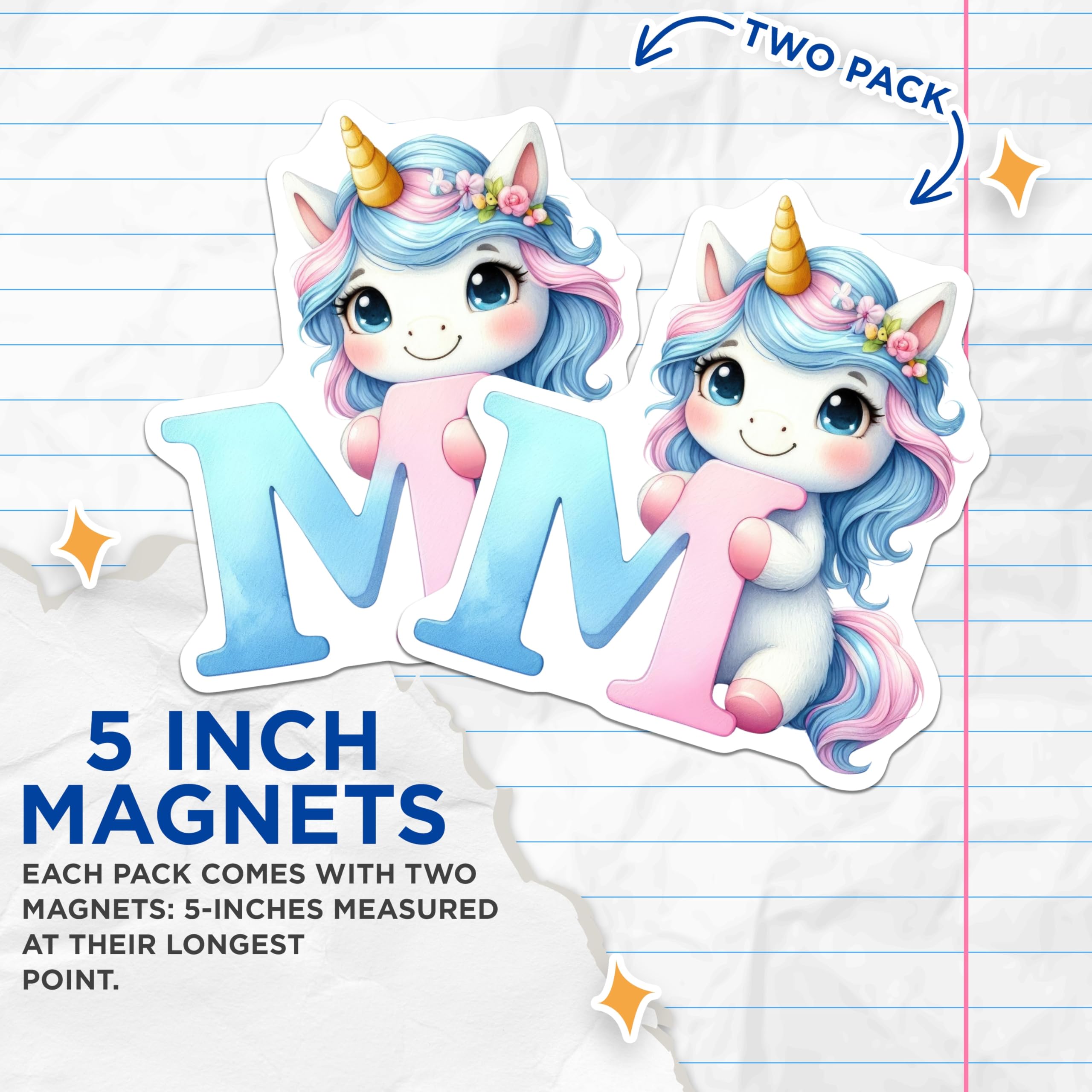 (2 Pack) Unicorn Initial M Magnets - Letter M Decor - Unicorn Lover Souvenirs - 5" On Longest Side - Premium Magnet - for Cars, Refrigerators, Toolboxes, Lockers - Made in USA - MAG16100
